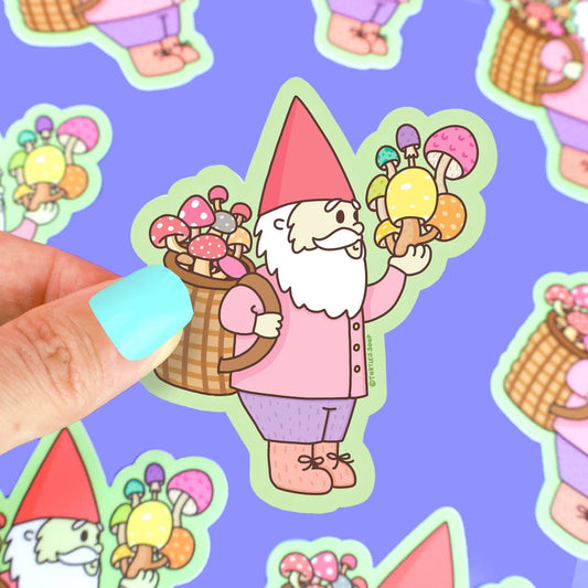 Gnome Gathering Mushrooms Cottagecore Vinyl Sticker - Cloverdilly Kids
