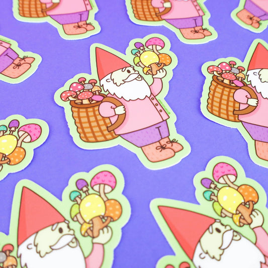 Gnome Gathering Mushrooms Cottagecore Vinyl Sticker - Cloverdilly Kids