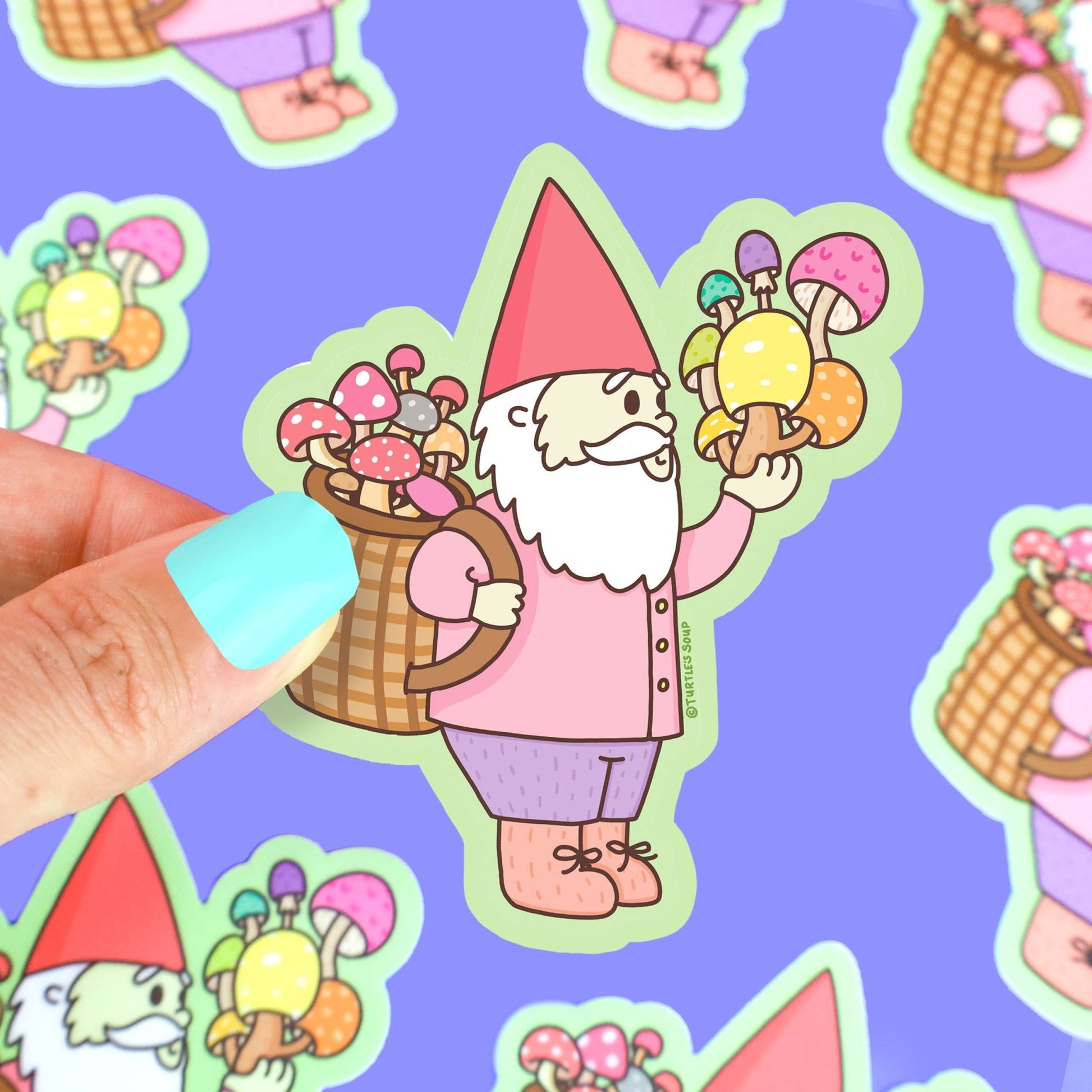 Gnome Gathering Mushrooms Cottagecore Vinyl Sticker - Cloverdilly Kids