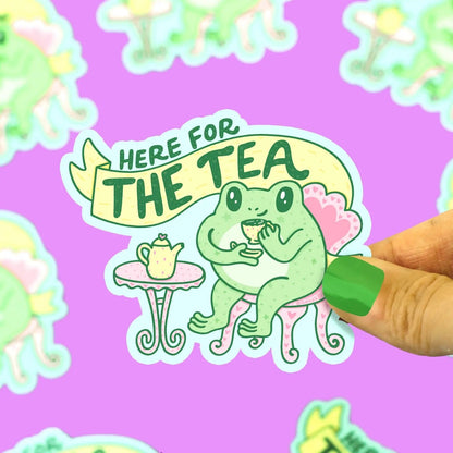 Here For the Tea Frog Gossip Vinyl Sticker - Cloverdilly Kids